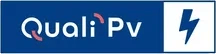 Logo with the text "Quali PV" on a blue background and a white square containing a blue lightning bolt symbol on the right, reflecting expertise in installation of centrales solaires.