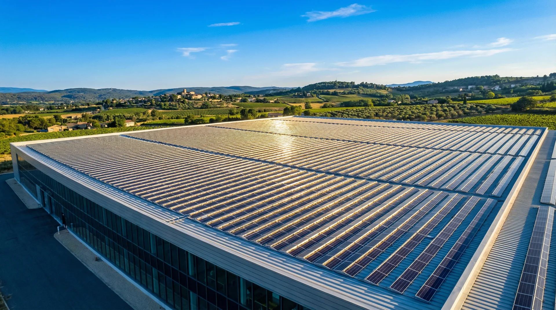 Installation photovoltaïque industrielle sur bâtiment moderne en Provence