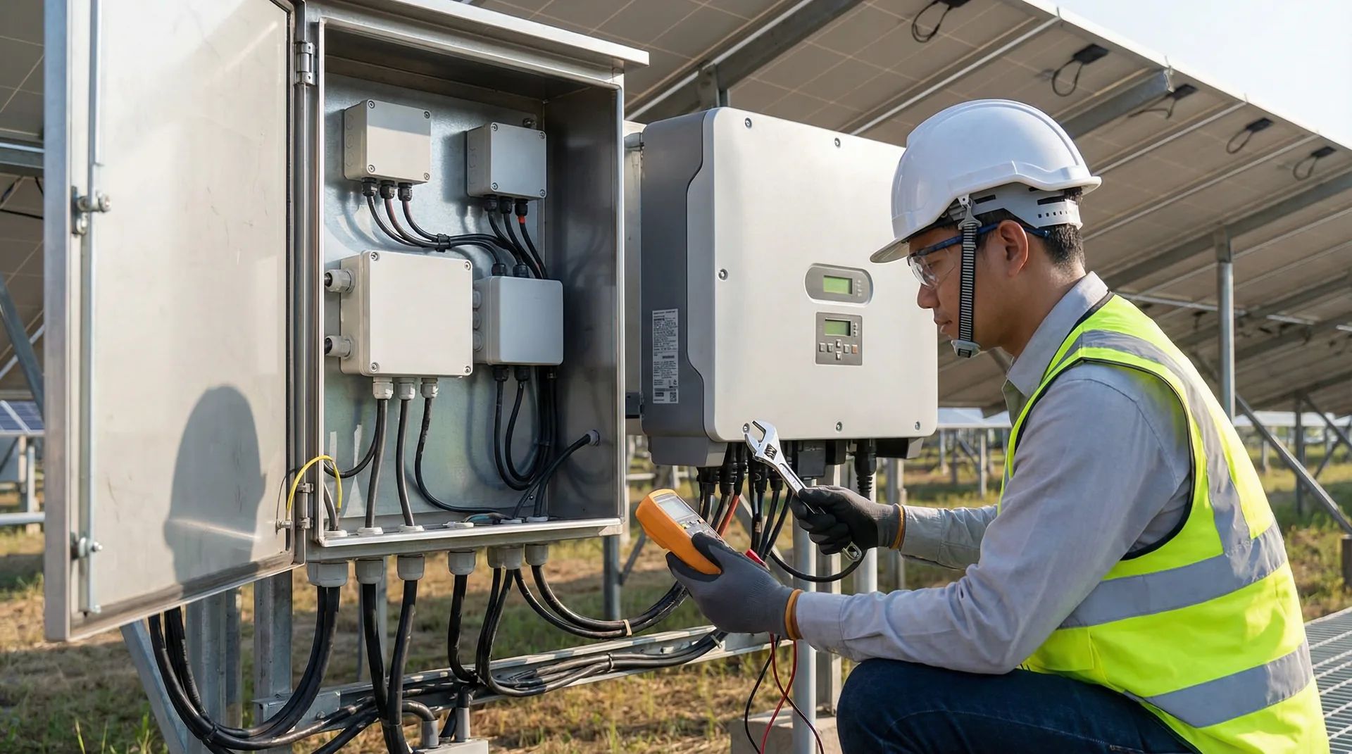 Technicien effectuant des travaux électriques sur installation solaire - Actualité SOLANEA