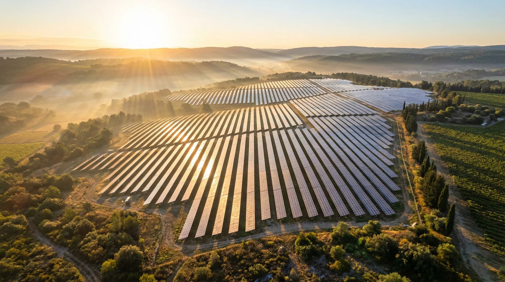 Lever de soleil sur un vaste parc photovoltaïque - Vision SOLANEA
