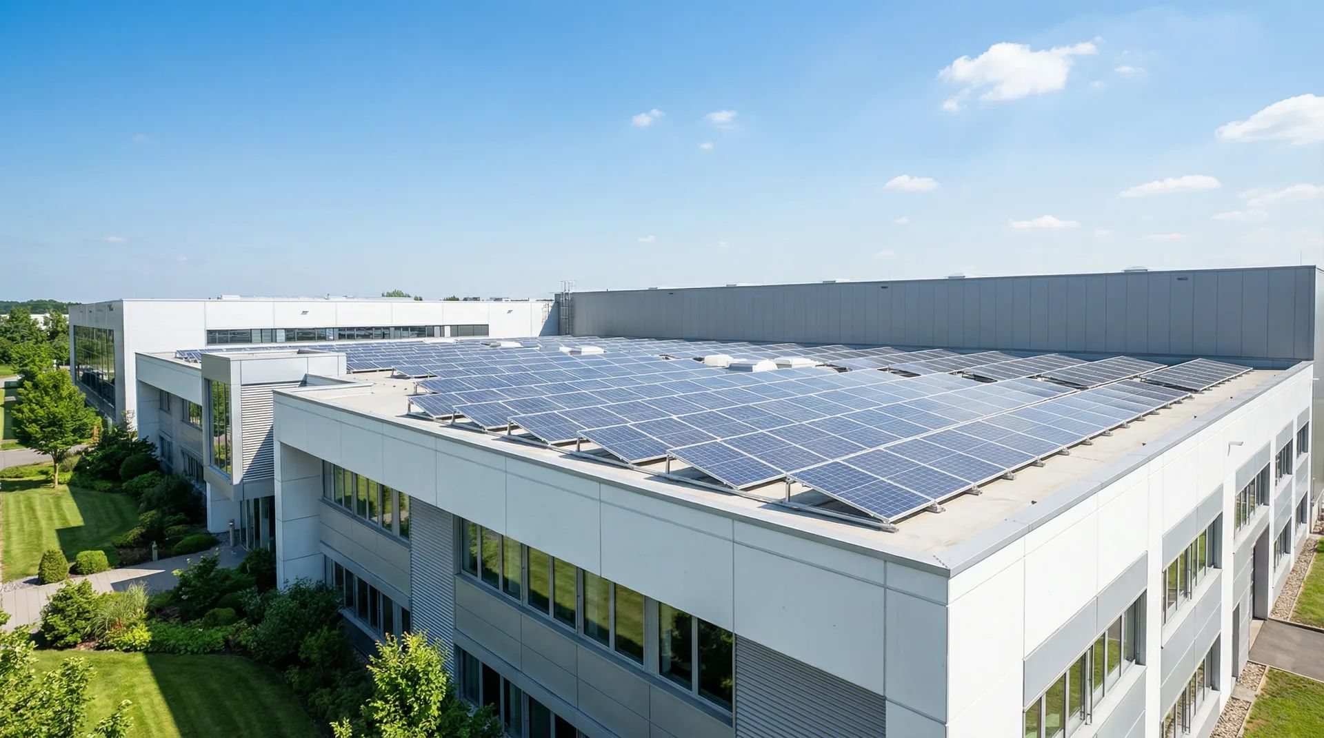 Installation photovoltaïque industrielle sur bâtiment moderne avec ciel bleu