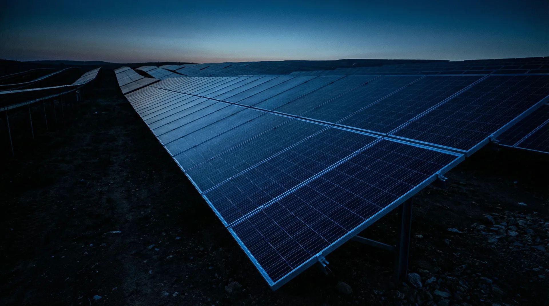 Centrale photovoltaïque industrielle au crépuscule avec reflets bleus