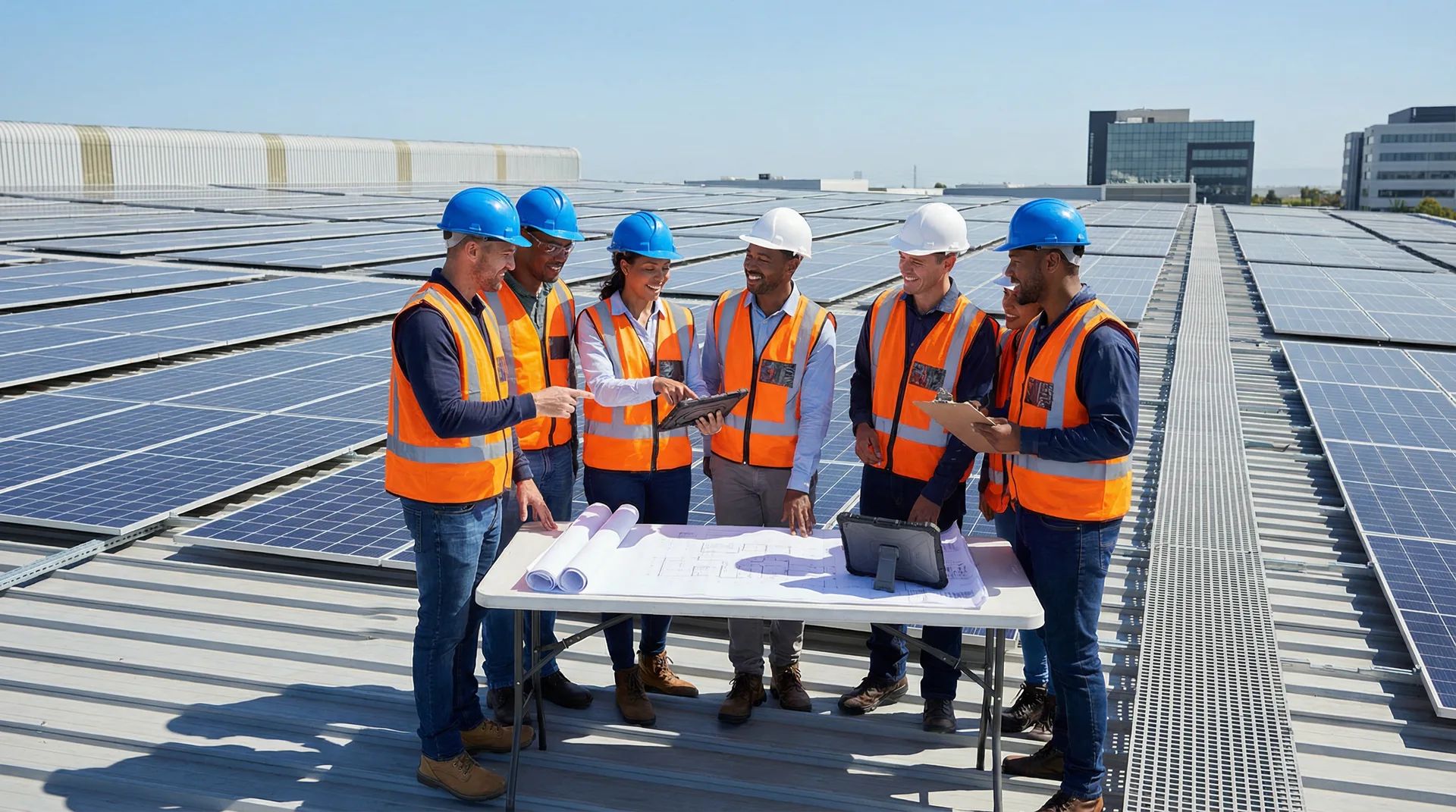 Équipe d'ingénieurs SOLANEA inspectant une installation photovoltaïque industrielle